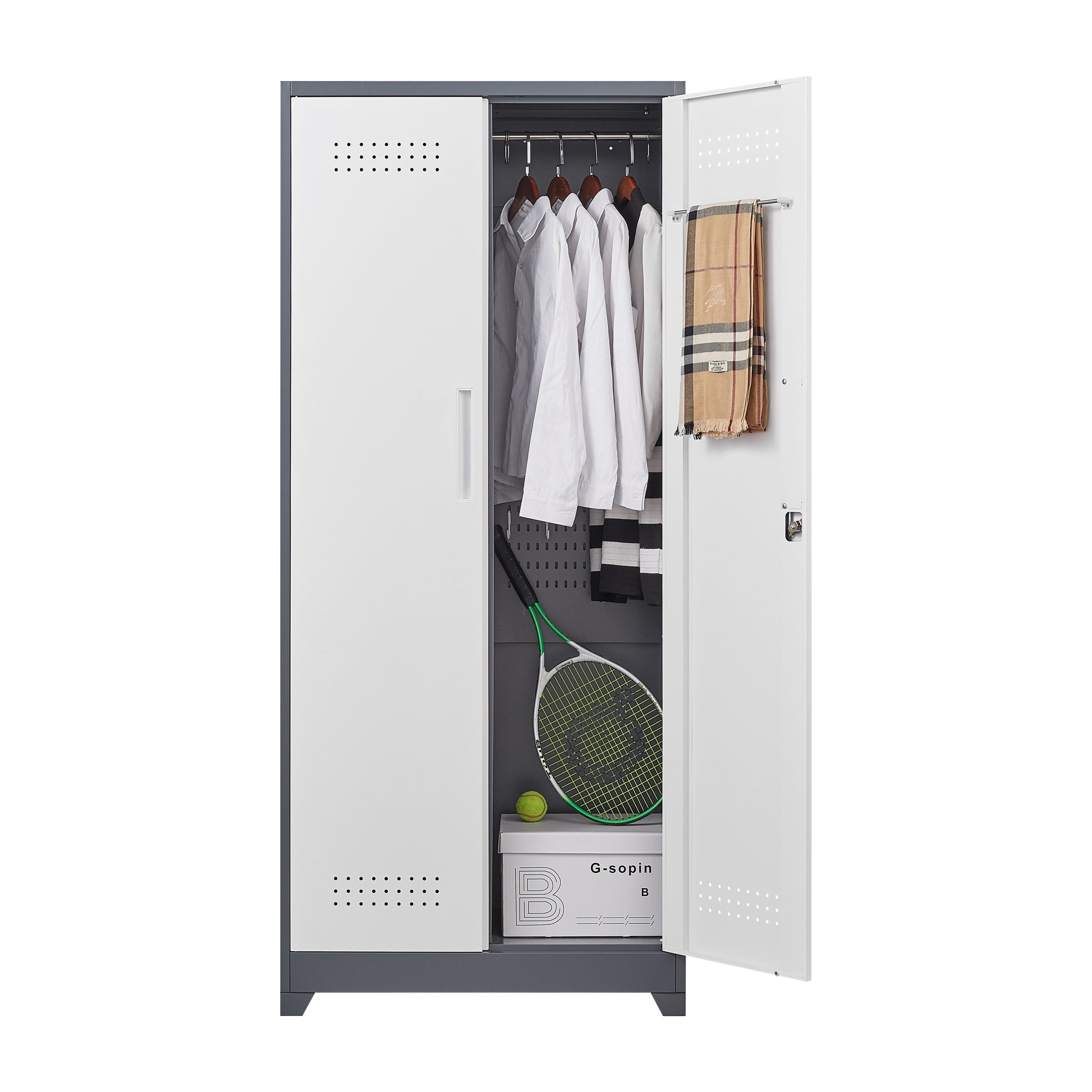 Gray Metal Lockers with Locking Doors, Adjustable Shelves, High Broom Tool Storage Cabinet, 72-Inch Kitchen, Office, Shop Org