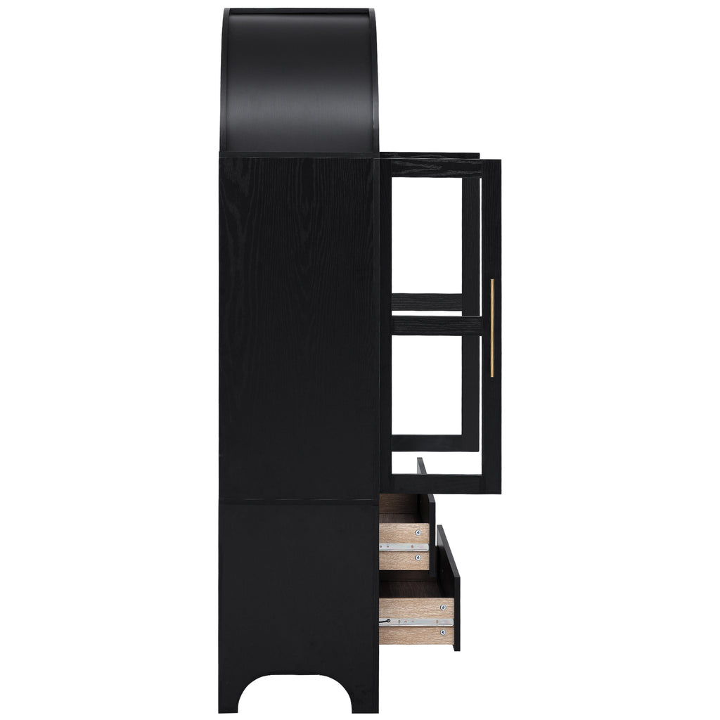 K&K 71' Tall Arched Kitchen Pantry Cabinet with 2 Large Drawers, Modern Farmhouse Kitchen Storage Cabinets with Adjustable Shelves, Glass Door, Wood Versatile Cupboard for Kitchens, Dining Room, Black - Grand Goldman Shop