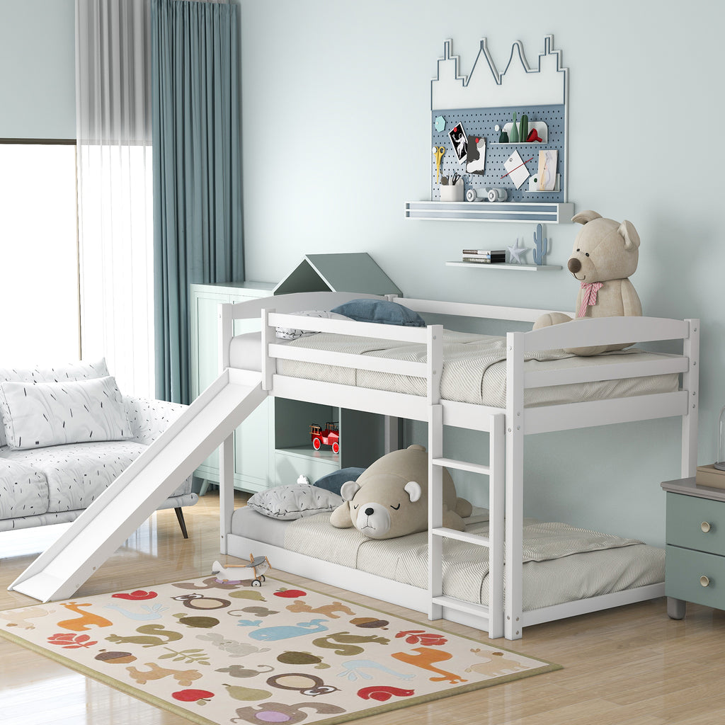 White Twin over Twin Bunk Bed with Convertible Slide and Ladder, Pine Wood and MDF, 79.3''L x 84.4''W x 46.5''H - Grand Goldman Shop