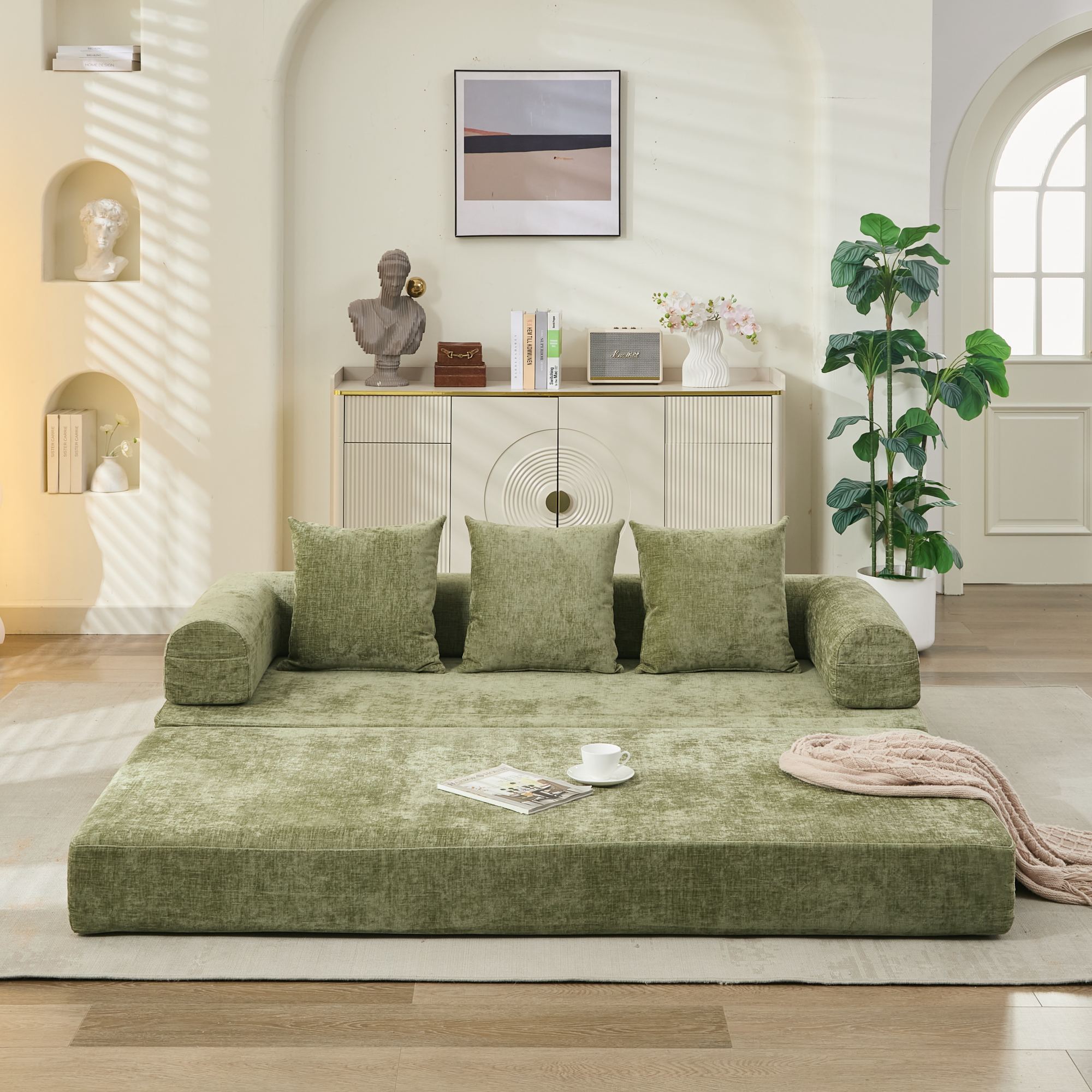 Comfy Convertible Folding Mattress Couch, Floor Sofa Bed, Chenille Floor Sofa with Armrest, Floor Sofa Lounge Couch for Living Room Bedroom Lounge Studio-Green - Grand Goldman Shop