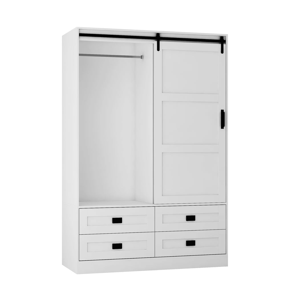 Tall Bedroom Armoire Wardrobe Closet Clothing Storage Cabinet with Hanging Rod Barn Door Drawers Open Shelves - Grand Goldman Shop