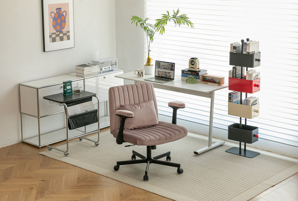 Pink Velvet Criss Cross Armrest Office Chair with Wheels - Comfortable for Home Office, Reading & Vanity - Grand Goldman