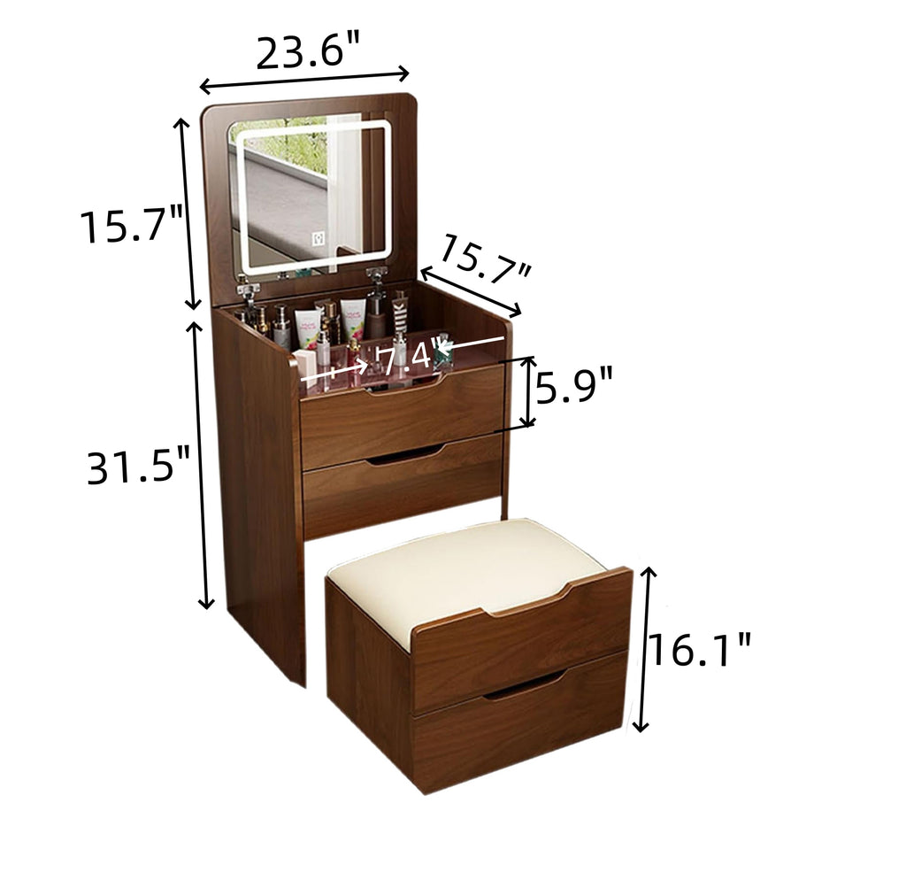 (60cm) 3 in 1 Vanity Desk with Plip Top Mirror, Small Make Up Vanity Set with Visible Glass Desktop, Compact Makeup Vanity with 3 Drawers, Dressing Table for Bedroom (Walnut Color) - Grand Goldman Shop