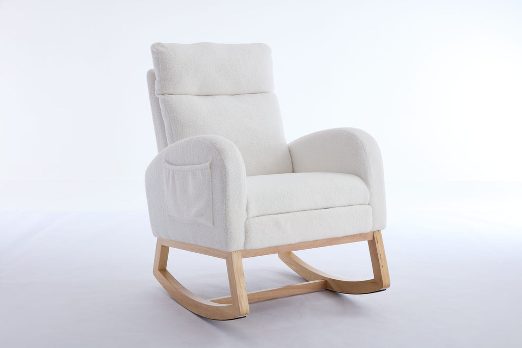015B-Teddy Fabric Leisure Rocking Chair,Nursery Rocking Chair With Adjustable Footstool,Thickened Headrest And High Backrest, Storage Pocket On The Right Side,The Base Rocker Is Solid Wood,White - Grand Goldman Shop