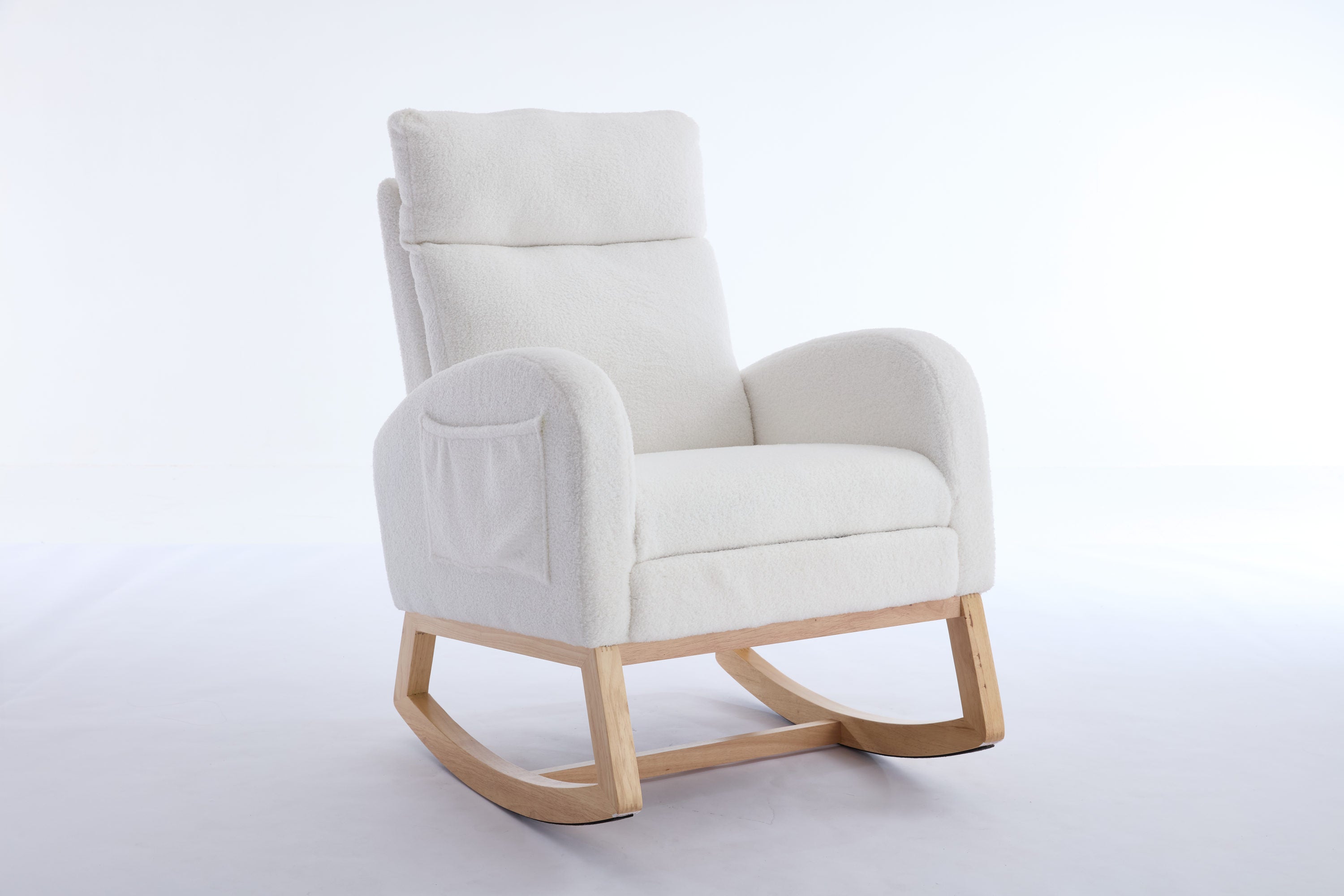 015B-Teddy Fabric Leisure Rocking Chair,Nursery Rocking Chair With Adjustable Footstool,Thickened Headrest And High Backrest, Storage Pocket On The Right Side,The Base Rocker Is Solid Wood,White - Grand Goldman Shop