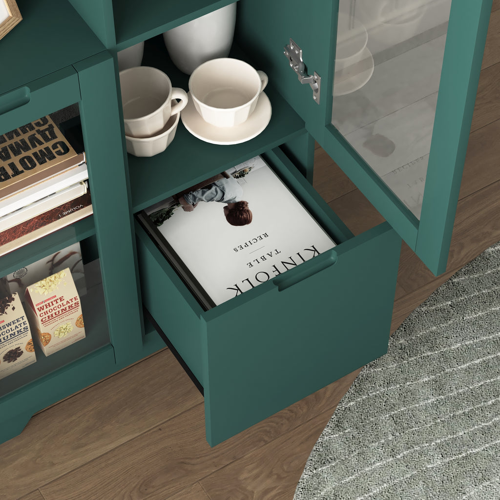Modern MDF Painted Cabinet with Glass Doors and Drawer, Green, Bedroom Living Room Storage - Grand Goldman Shop