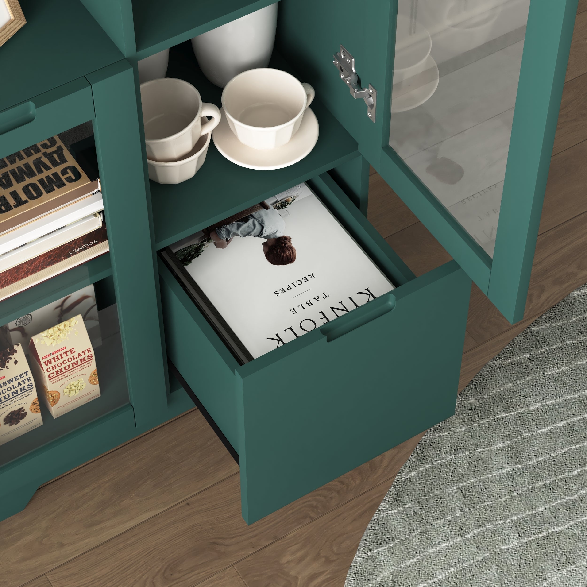 Modern MDF Painted Cabinet with Glass Doors and Drawer, Green, Bedroom Living Room Storage - Grand Goldman Shop