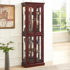 Lighted Curio Cabinet with Adjustable Shelves, Mirrored Back, and Tempered Glass Doors, 6-Tier Cherry Finish - Grand Goldman Shop