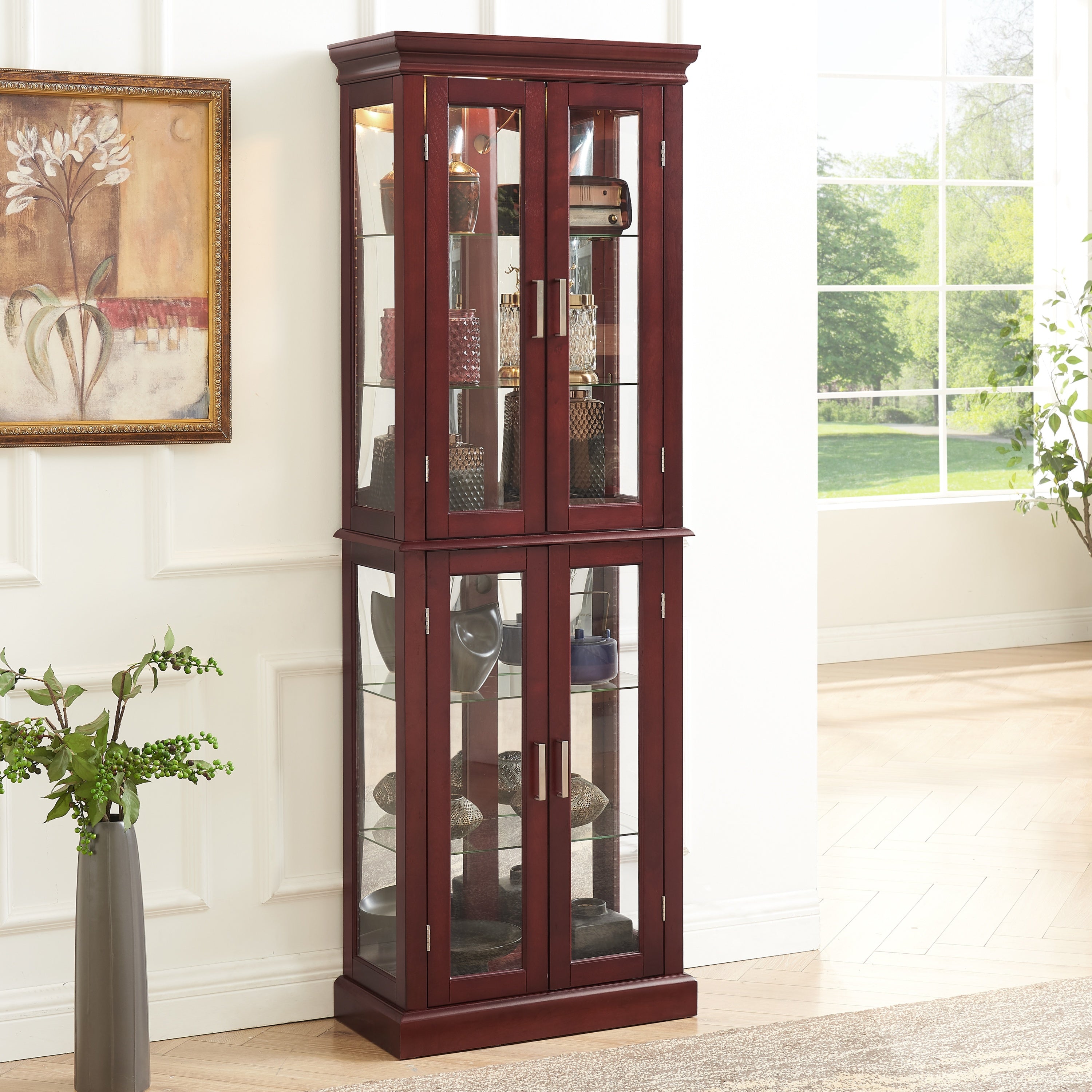 Lighted Curio Cabinet with Adjustable Shelves, Mirrored Back, and Tempered Glass Doors, 6-Tier Cherry Finish - Grand Goldman Shop