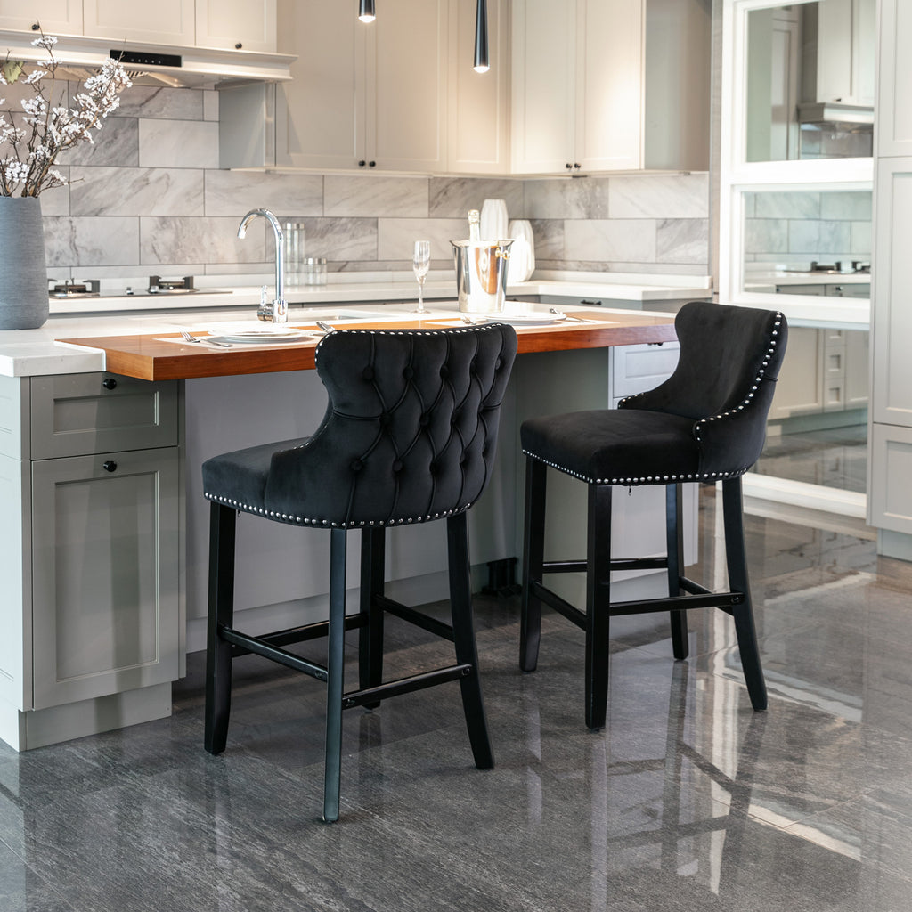 A&A Furniture,Contemporary Velvet Upholstered Wing-Back Barstools with Button Tufted Decoration and Wooden Legs, and Chrome Nailhead Trim, Leisure Style Bar Chairs,Bar stools,Set of 2 (Black),SW1824BK - Grand Goldman Shop