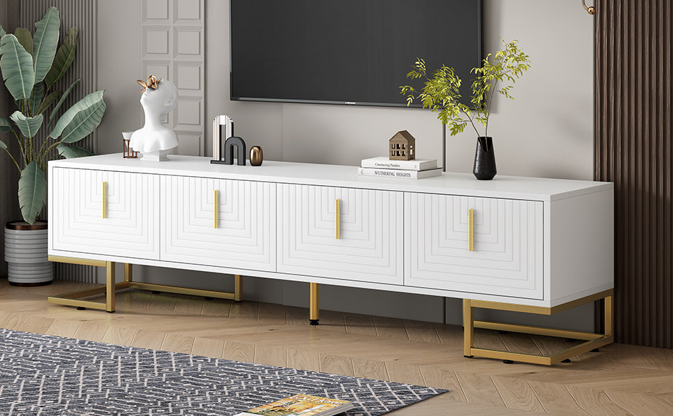 ON-TREND Modern TV Stand with Metal Legs and Gold Handles for TVs Up to 80'', Media Console Table with Cabinets and Adjustable Shelves, Luxury TV Cabinet with Geometric Lines for Living Room, White - Grand Goldman Shop