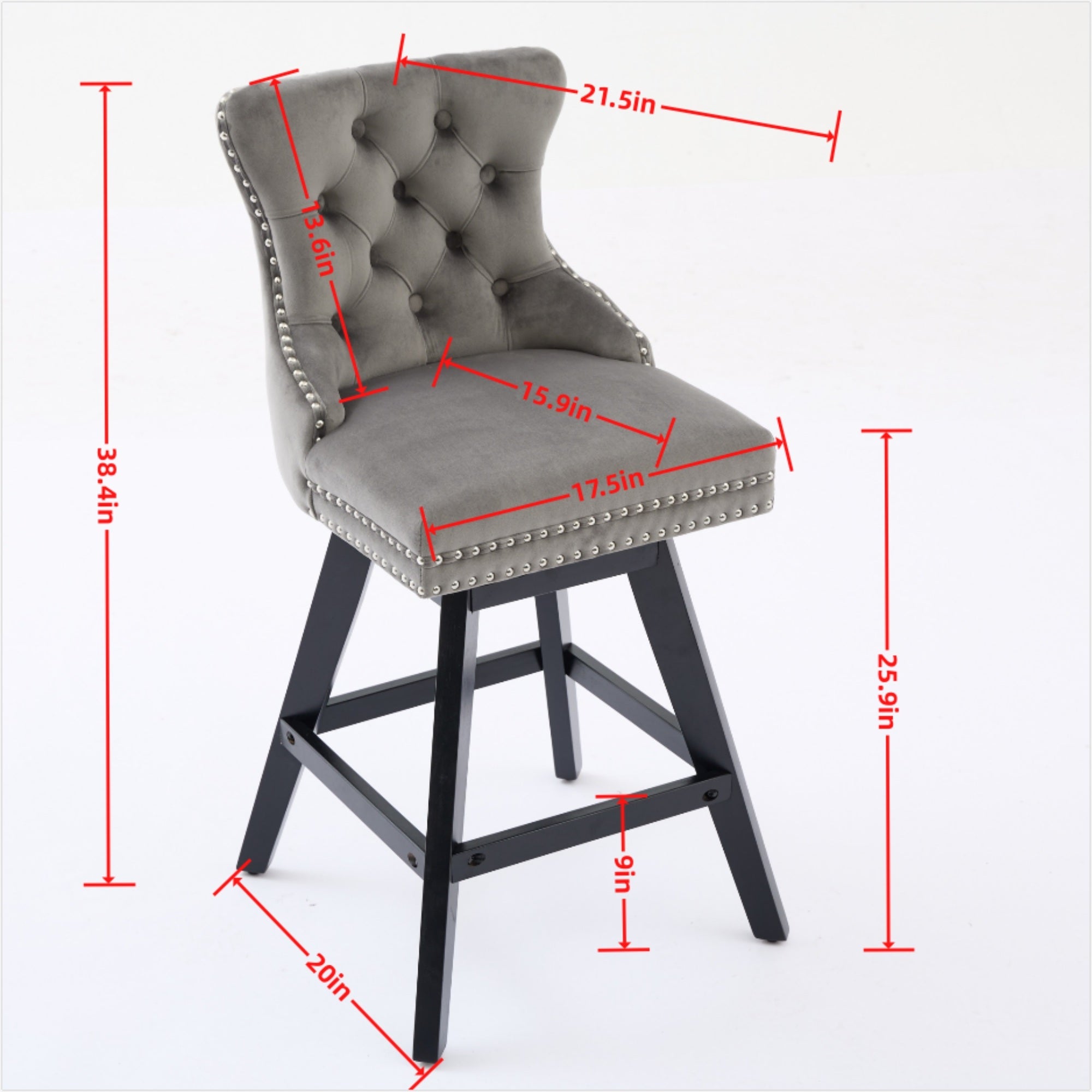 Swivel Velvet Barstools with Button Tufted Decoration and Wooden Legs, and Chrome Nailhead Trim, Leisure Style Bar Chairs,Bar stools, Set of 2 (Gray),SW1860GY - Grand Goldman Shop