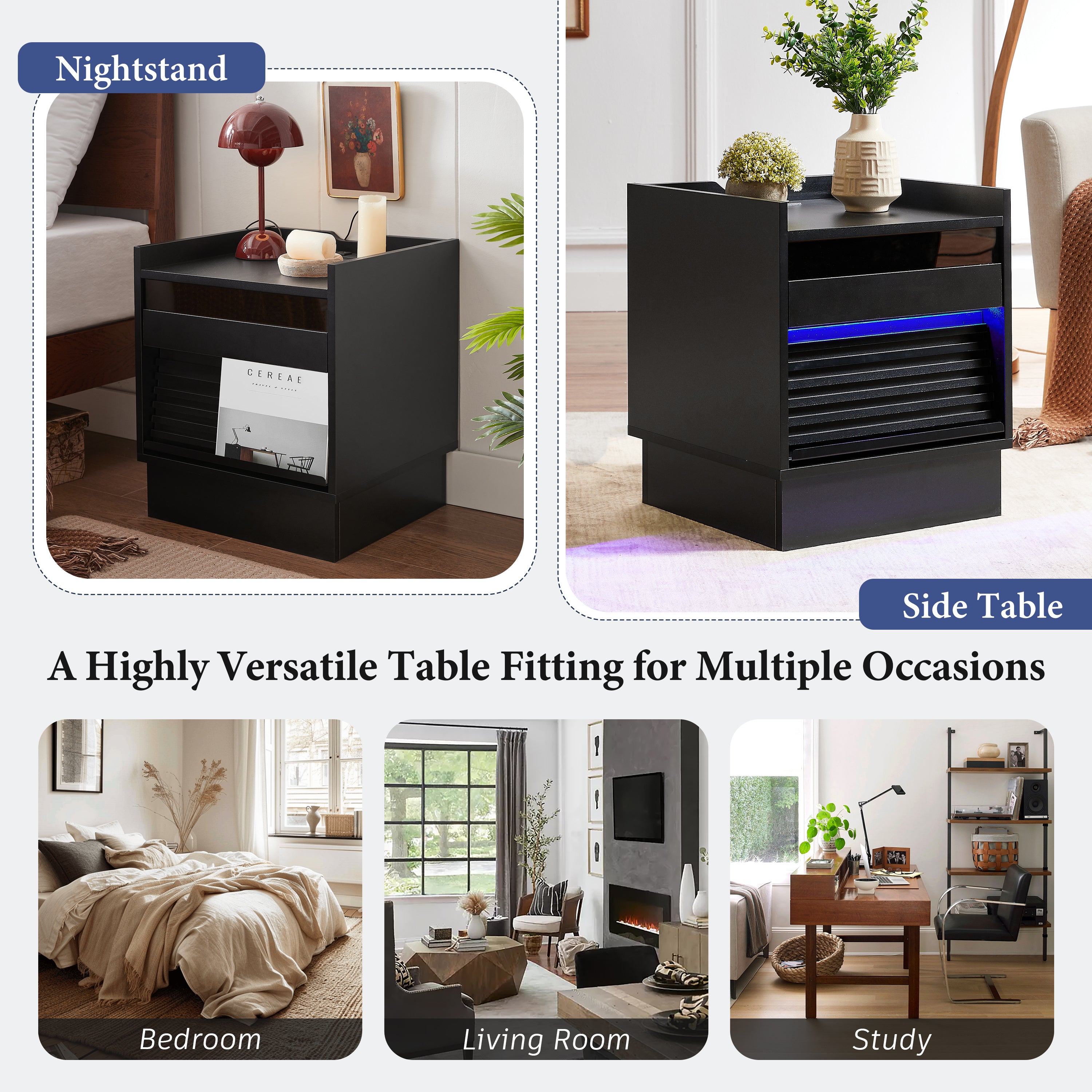 Mid Century Modern Nightstand with Charging Station and LED lights, Night Stand with 2 Drawers, Bedside Tables/End Table for Bedroom or Living Room, Black - Grand Goldman Shop