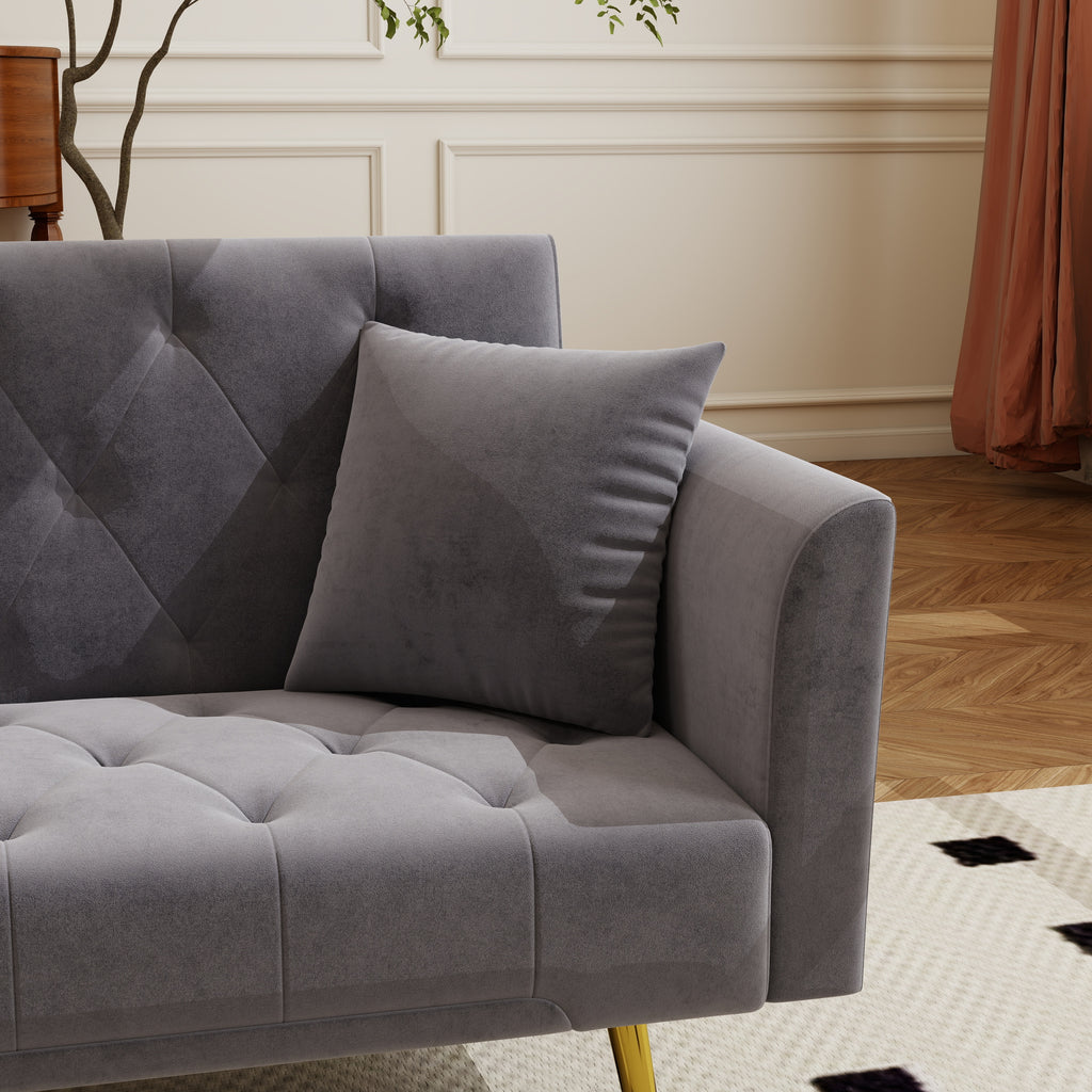 Modern convertible 72 inch foldable sleeper sofa with tufted, American retro style, made of gray velvet material, suitable for small living rooms, bedrooms and offices. gray color - Grand Goldman Shop