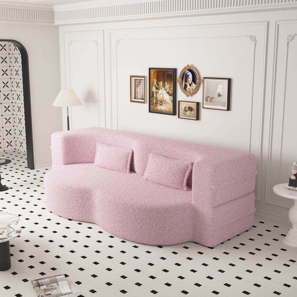 Modern Floor Sofa with 2 Pillows,Convertible Teddy Fabric Foam Filled Sleeper Sofa Bed,15 ' Full Size Folding Mattress for Living Room,Guest Bed,Playroom,No Assembly Required,Pink - Grand Goldman Shop