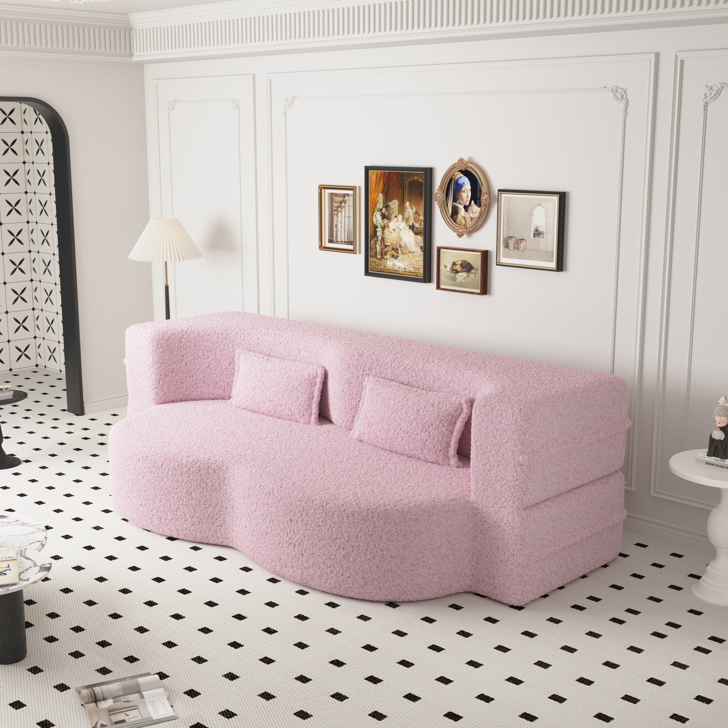 Modern Floor Sofa with 2 Pillows,Convertible Teddy Fabric Foam Filled Sleeper Sofa Bed,15 ' Full Size Folding Mattress for Living Room,Guest Bed,Playroom,No Assembly Required,Pink - Grand Goldman Shop