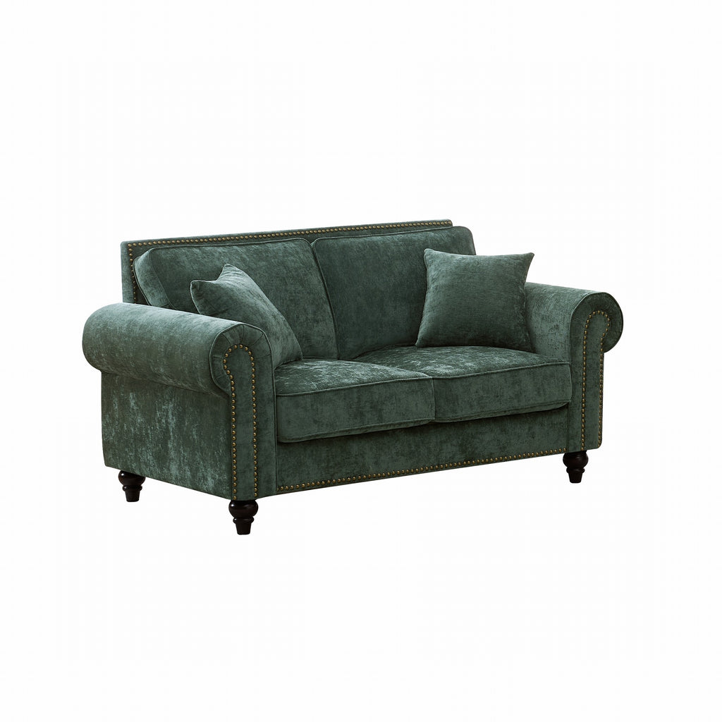 Modern 2-Seater Sofa with Rolled Arms, Tufted Upholstery, Wood Legs, Nailhead Trim, Beige Fabric, 63' - Grand Goldman Shop