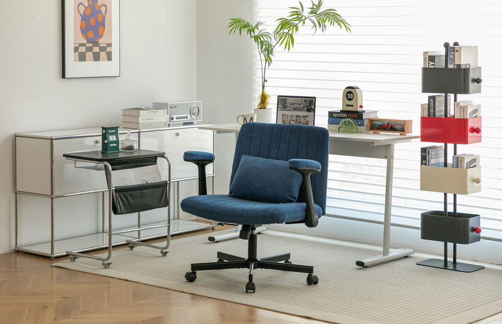 Modern Linen Blue Criss Cross Armrest Office Chair with Foldable Design, Soft Velvet Fabric, 36.6-Inch Height | Premium Home 