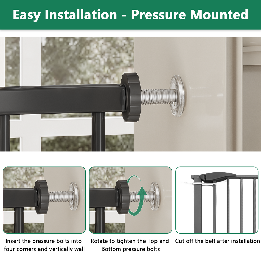 Black Pressure-Mounted Baby Gate for Stairs and Doorways, 29.5-44.1' Wide, Steel and ABS Construction, Easy Walk-Through Safe