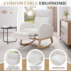 015B-Teddy Fabric Leisure Rocking Chair,Nursery Rocking Chair With Adjustable Footstool,Thickened Headrest And High Backrest, Storage Pocket On The Right Side,The Base Rocker Is Solid Wood,White - Grand Goldman Shop