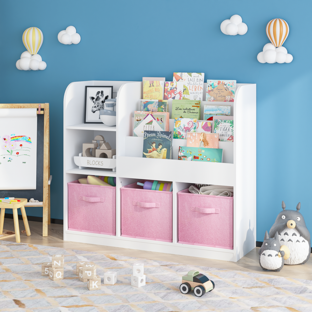 Kids Bookcase and Bookshelf with 3 Collapsible Fabric Drawers, Multifunctional White/Pink Display Stand for Bedroom, Playroom