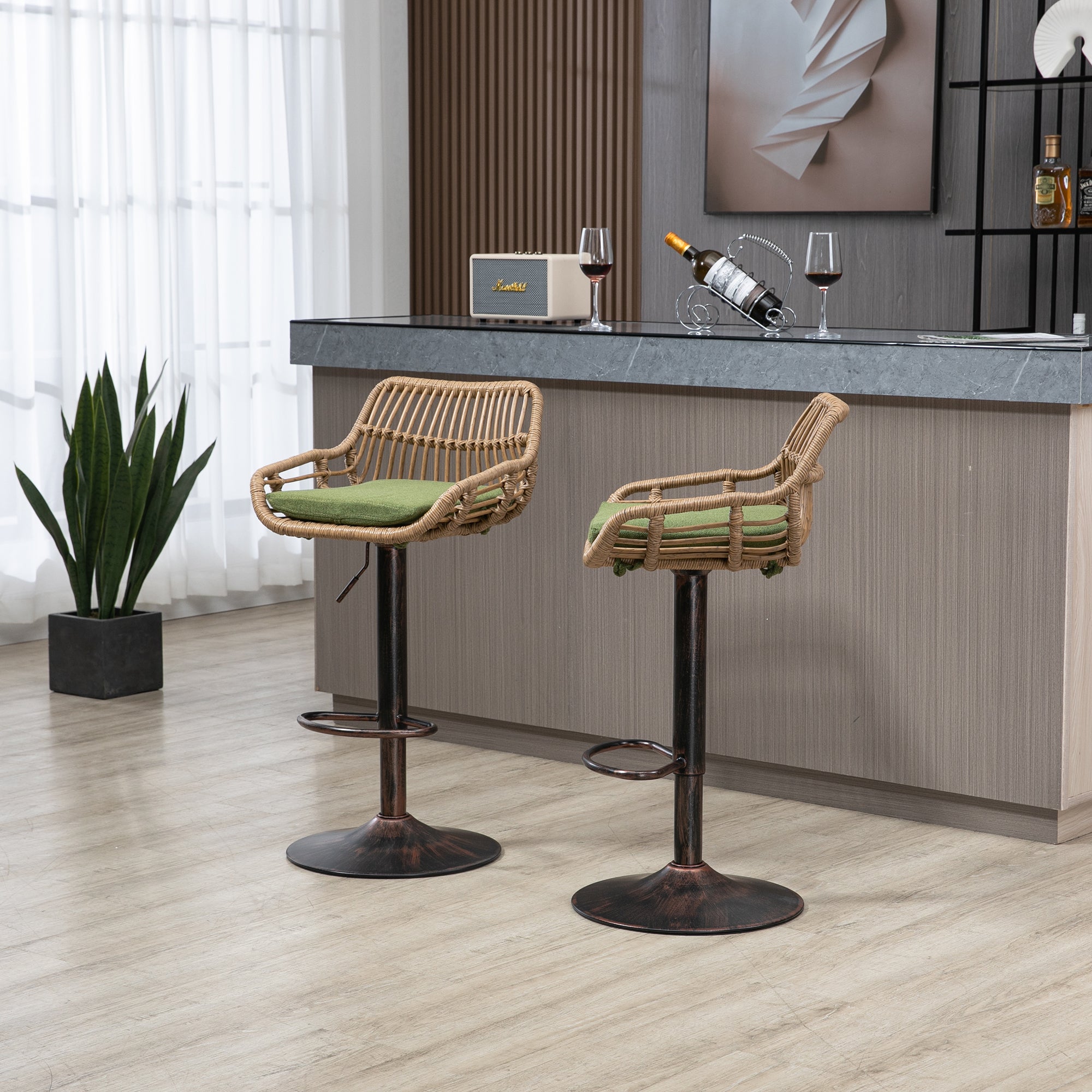 COOLMORE Modern Swivel Bar Stools Set of 2 with Adjustable Height and Footrest in Green Linen - Grand Goldman Shop