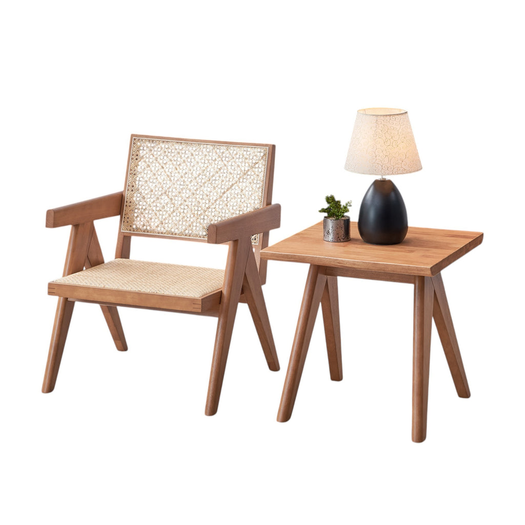 Natural Wood Armchair and Matching Square End Table, 2-Piece Living Room Set - Grand Goldman Shop
