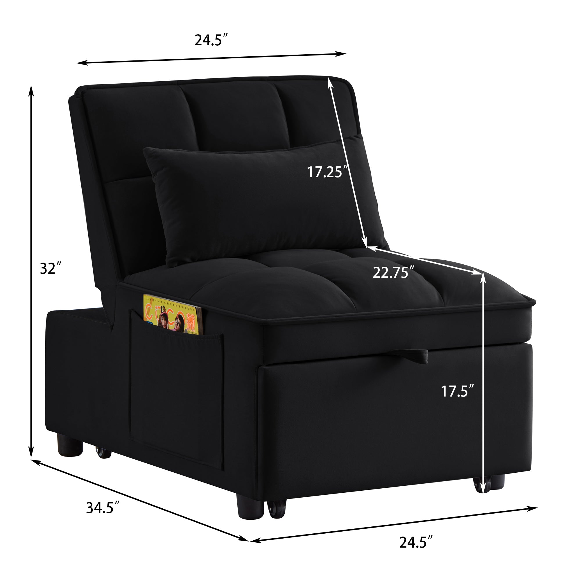 4 in1 Multi-Function Single Sofa Bed with Storage Pockets,Tufted Single Pull-out Sofa Bed with Adjustable Backrest and Pillows ,Convertible  Chaise Lounge,Black - Grand Goldman Shop