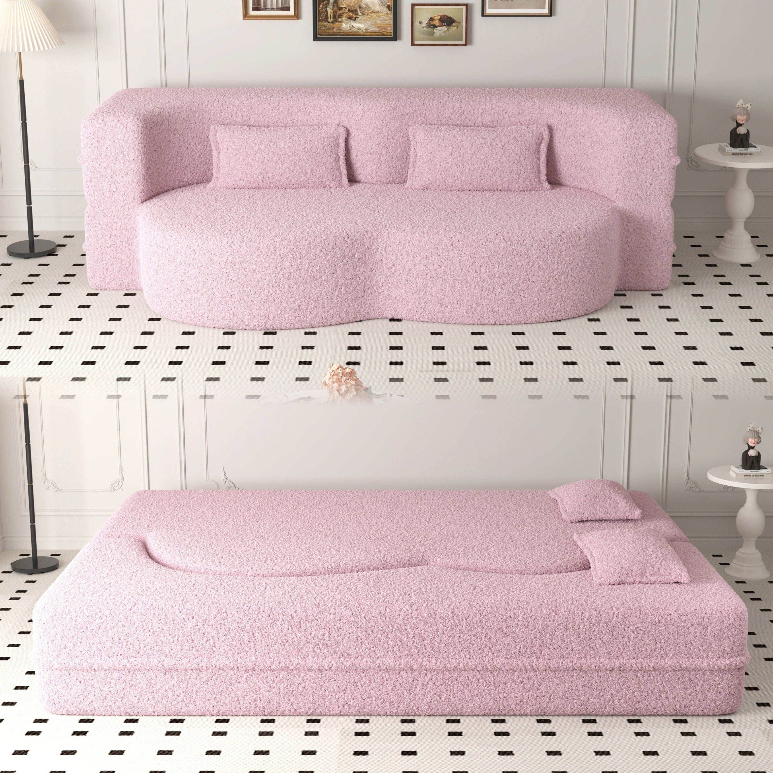 Modern Floor Sofa with 2 Pillows,Convertible Teddy Fabric Foam Filled Sleeper Sofa Bed,15 ' Full Size Folding Mattress for Living Room,Guest Bed,Playroom,No Assembly Required,Pink - Grand Goldman Shop
