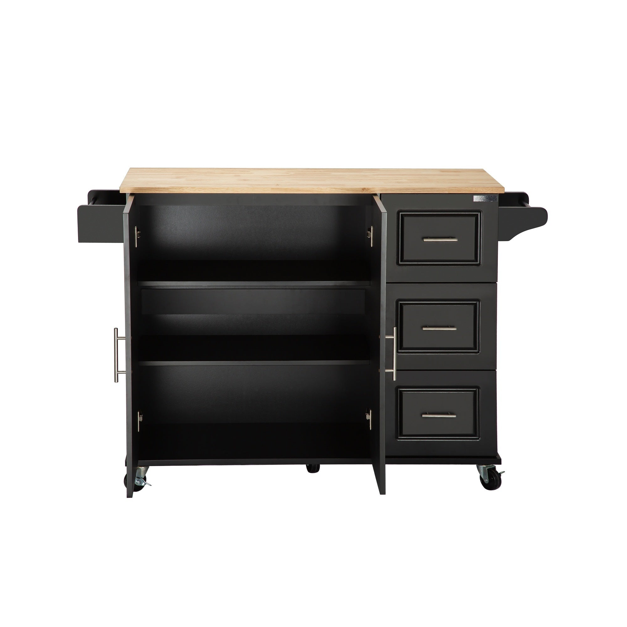 Kitchen Island & Kitchen Cart, Mobile Kitehcn Island with Extensible Rubber Wood Table Top,adjustable Shelf Inside Cabinet for Different Utensils, 3 Big Drawers, with Spice Rack, Towel Rack, Black-Bee - Grand Goldman Shop