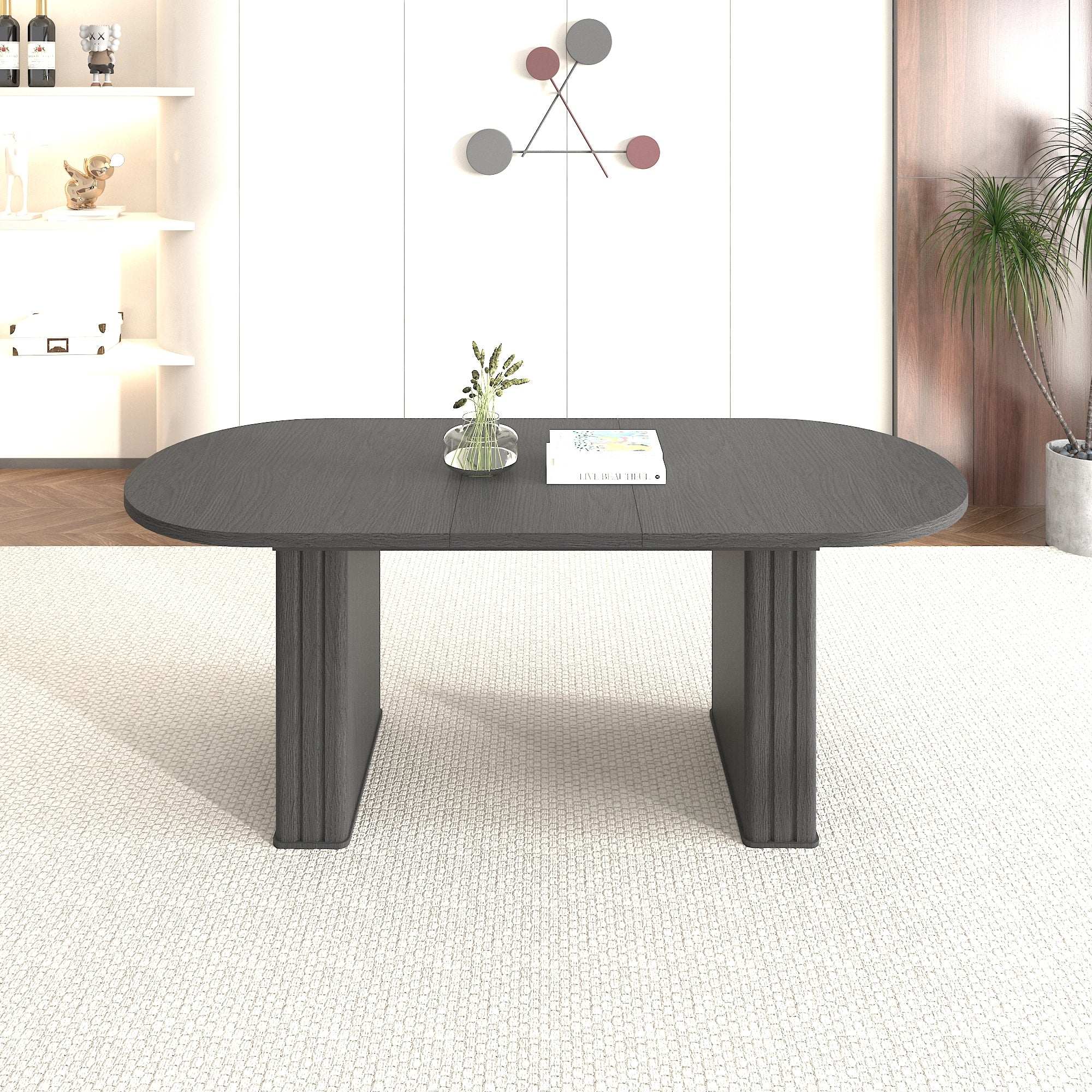 Kitchen extendable dining table for 4-8 people, oval kitchen table with wooden strip base for family living room (black) - Grand Goldman Shop
