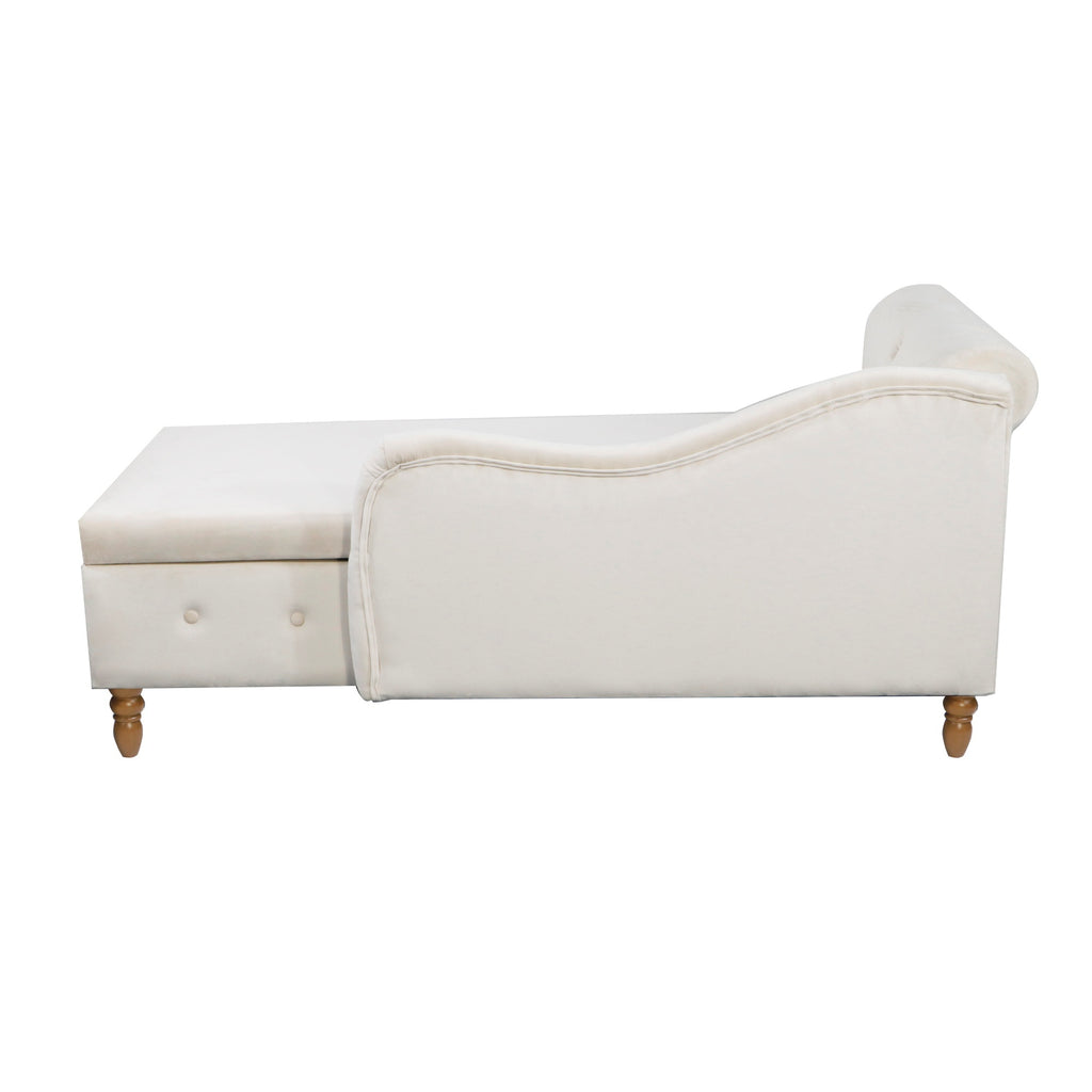 Beige Chaise Lounge Indoor, Velvet Lounge Chair for Bedroom with Storage & Pillow, Modern Upholstered Rolled Arm Chase Lounge for Sleeping with Nailhead Trim for Living Room Bedroom Office - Grand Goldman Shop