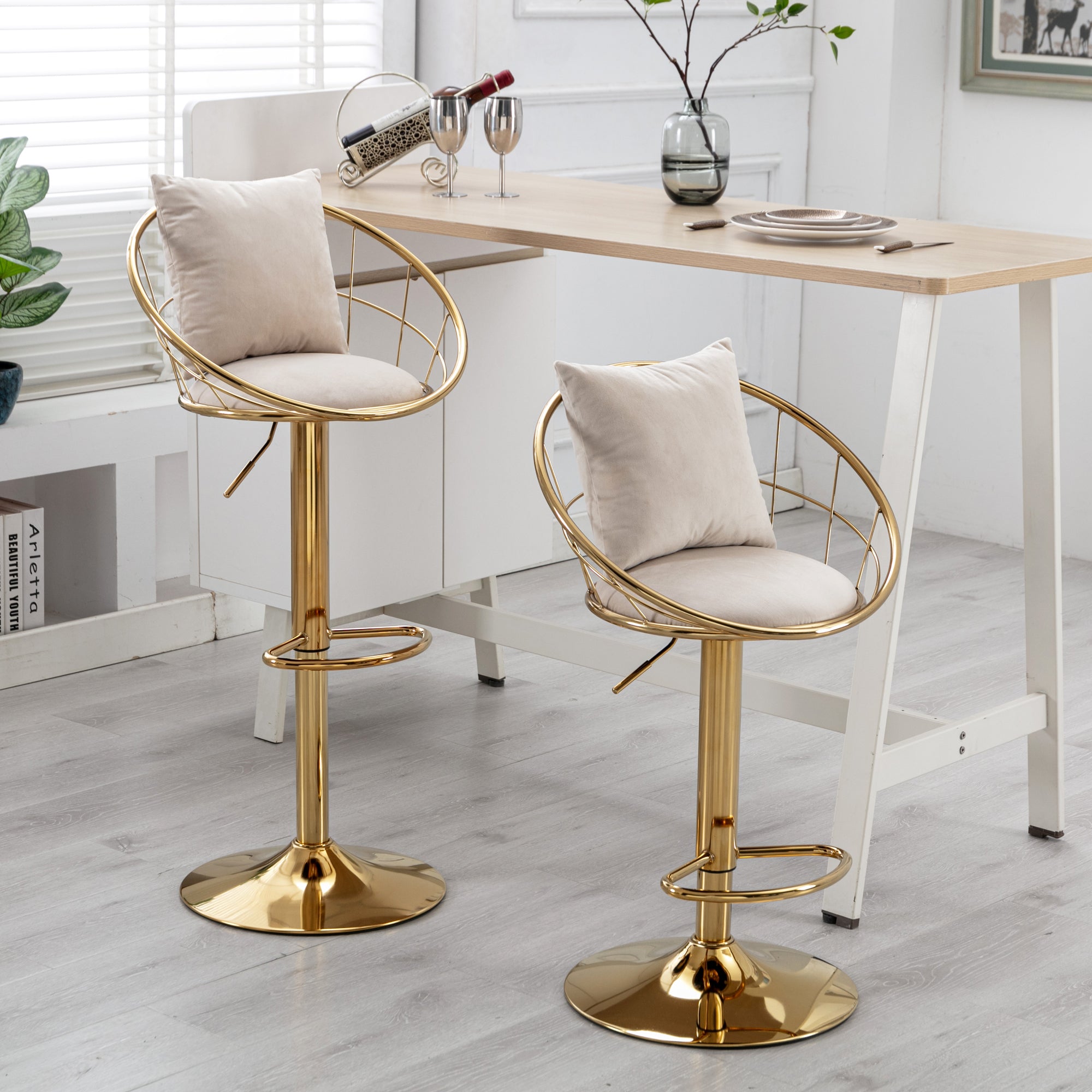 Off-White Velvet Bar Chair, Pure Gold Plated, Unique Design, 360-Degree Rotation, Adjustable Height, Suitable for Dining Room and Bar, Set of 2 - Grand Goldman Shop