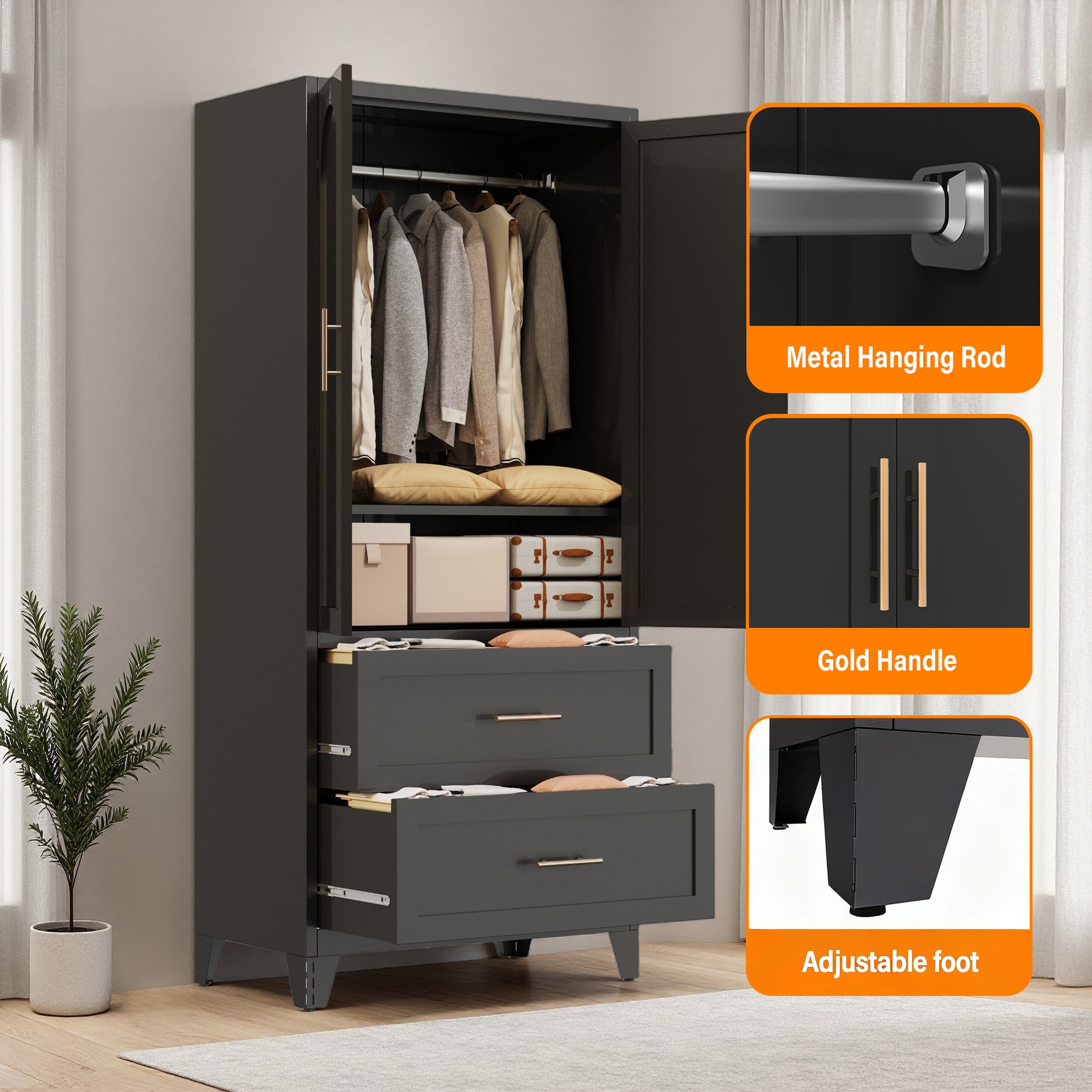 71' Tall Metal Wardrobe Cabinet with 2 Drawers and Hanging Rod, 2 Doors Wardrobe Closet with Shelf for Bedroom, Office, Laundry Room,Entryway ,Foyer,Guesthouse (Black) - Grand Goldman Shop