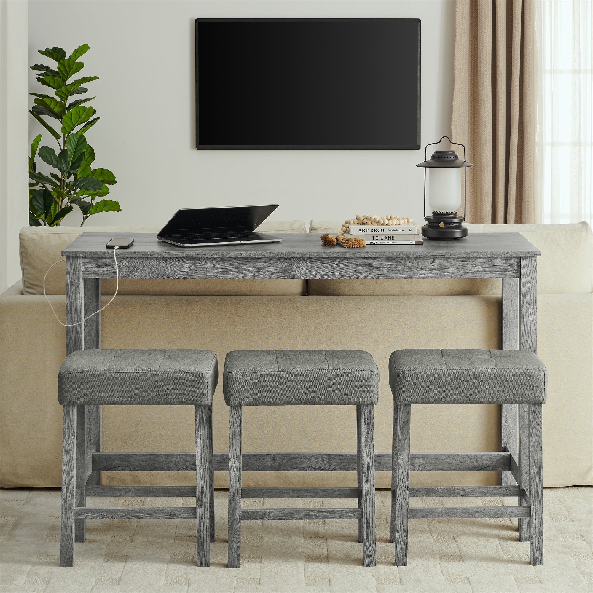 59 Inch Bar Table, Dining Table, Sofa Table with Power Outlet, 3 Upholstered Stools, 4 Piece Bar Table and Chair Set for Living Room, Dining Room, Kitchen - Grand Goldman Shop