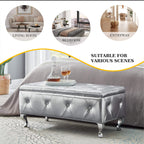 Upholstered Storage Ottoman Bench For Bedroom End Of Bed Faux Leather Rectangular Storage Benches Footrest With Crystal Buttons For Living Room Entryway (Silver) - Grand Goldman Shop