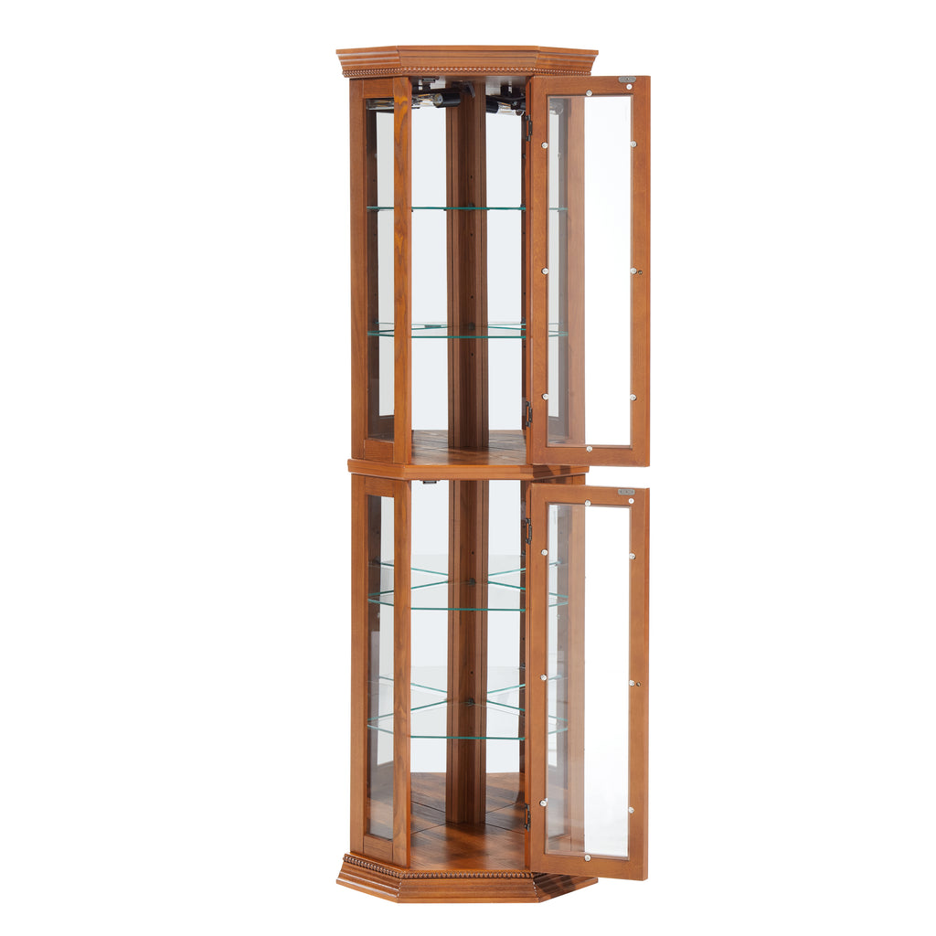 Corner Curio Cabinet Lighted Corner Display, Glass Display Shelf Shelving Bar cabinet with Tempered Glass Door, Bar Cabinet,Cabinet with Adjustable Shelf Glass Cabinet Shelves Bead Bulb Included OAK - Grand Goldman Shop