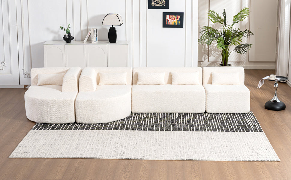 Modern Upholstered L-Shape Sofa with Chaise Lounge and Back Pillows, Beige Boucle Fabric, 144 inches - Grand Goldman Shop