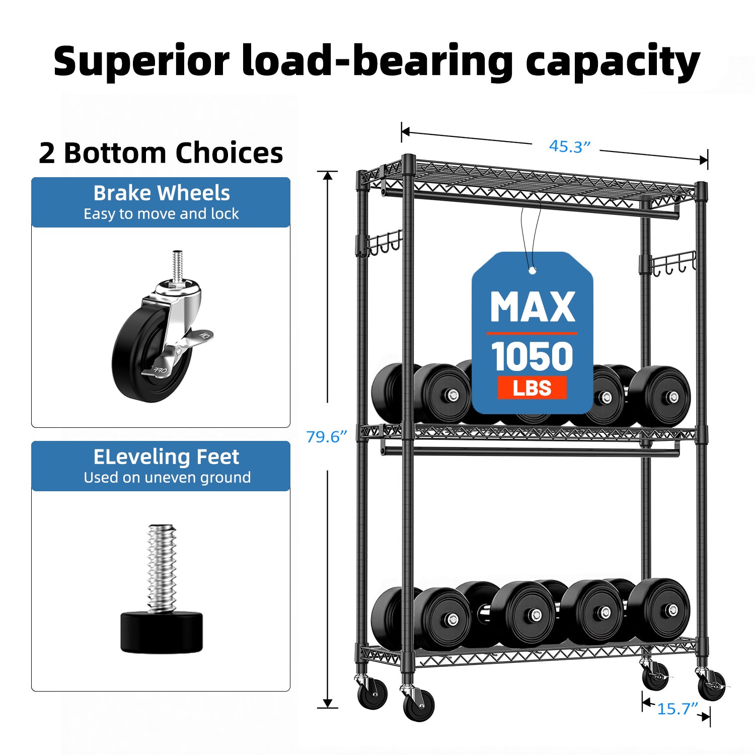 Heavy Duty Rolling Garment Rack 3 Tiers Adjustable Wire Shelving Clothes Rack with 2 Rods and Side Hooks,Storage Closet Clothing Rack with Wheels Black 15.7' D x 45.3' W x 79.6' H - Grand Goldman Shop