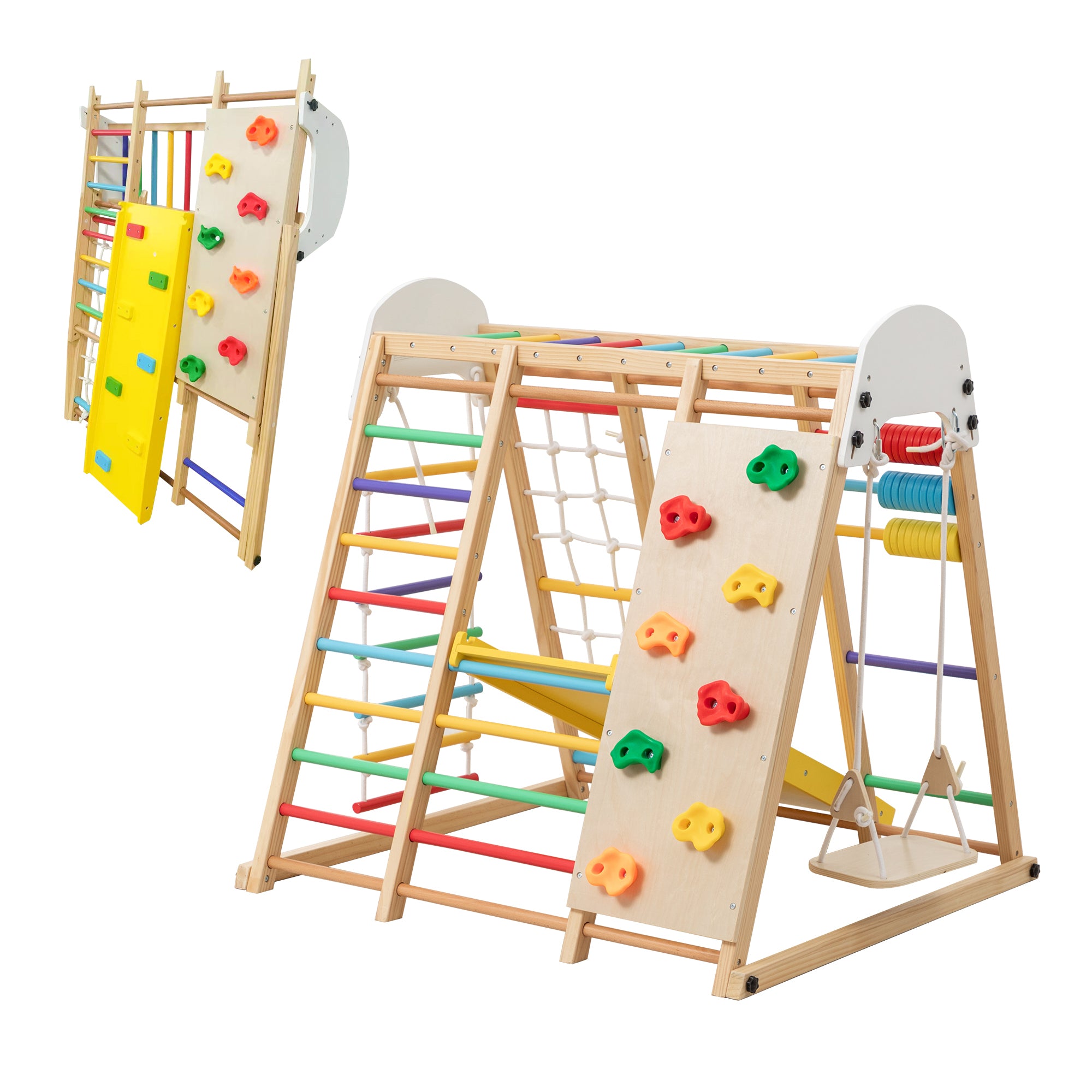 9-in-1 Foldable Kids Climbing Frame & Slide, Wooden Toddler Playground with Swing, Monkey Bars, Climbing Rock, Abacus Game – 