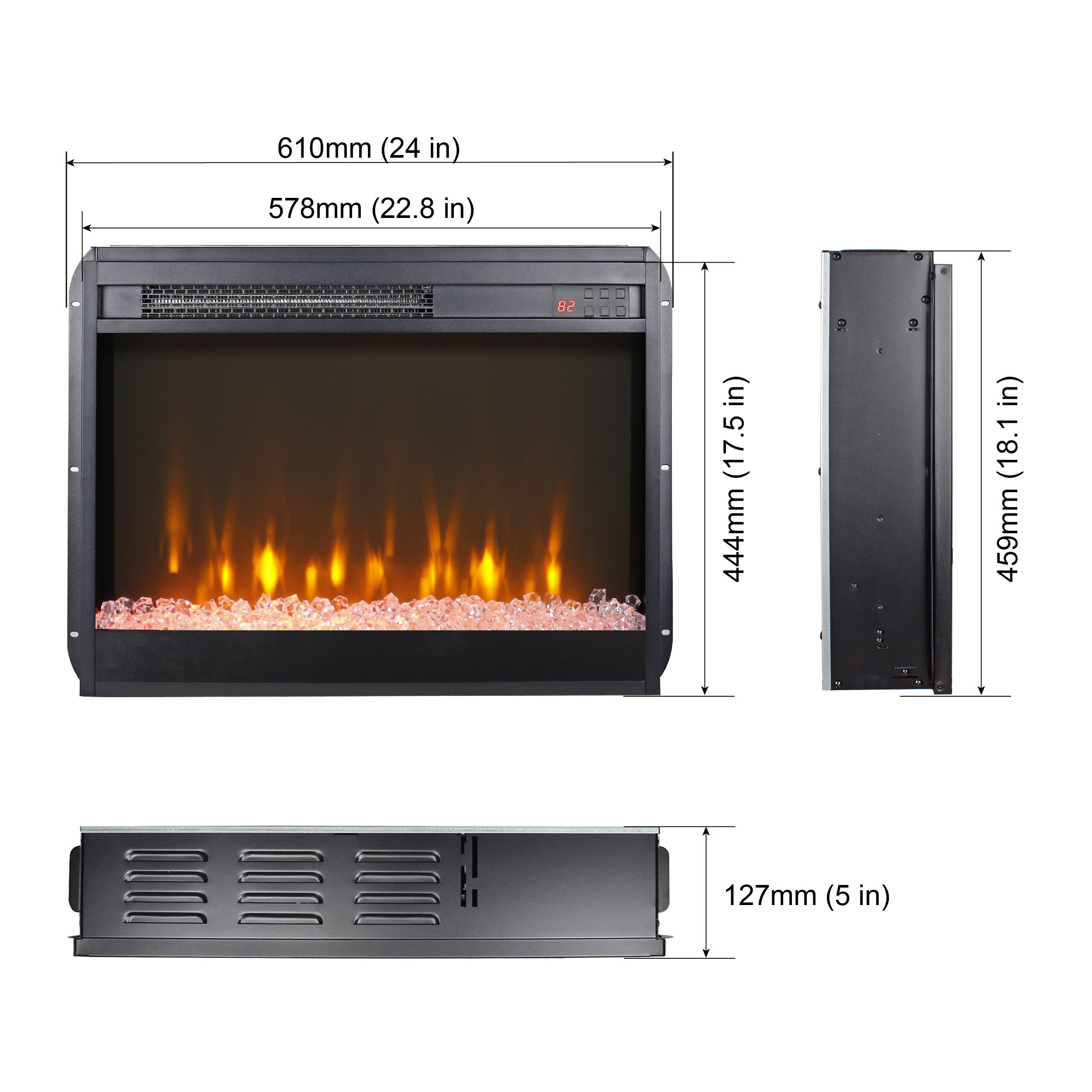 23 inch electric fireplace insert, ultra thin heater with crystal  & realistic flame, remote control with timer, overheating protection,with sidelight - Grand Goldman Shop
