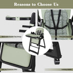 Convertible Baby High Chair to Rocker with 5-Point Harness, Foldable Infant Feeding Chair in Dark Green with Removable 2-Tier
