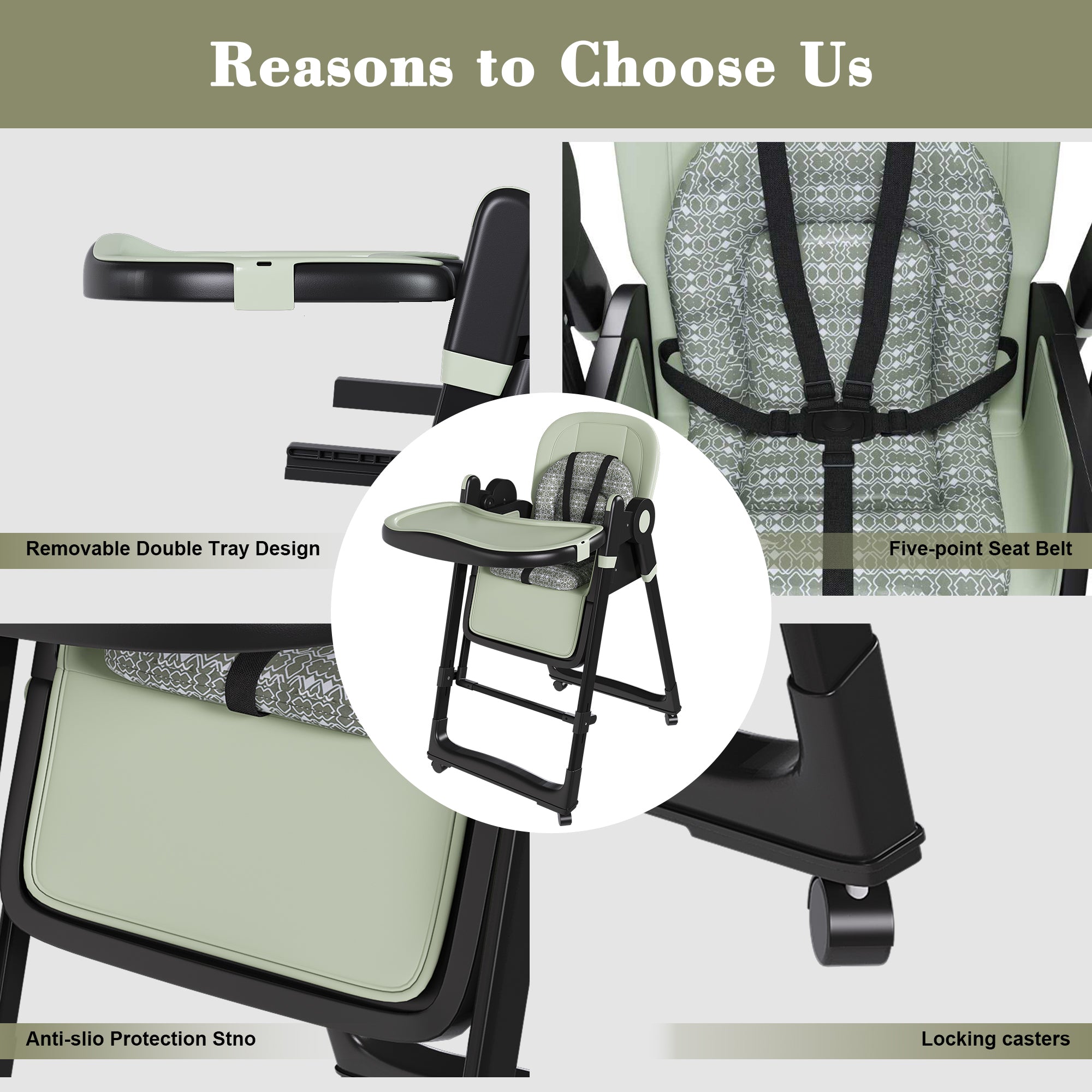 Convertible Baby High Chair to Rocker with 5-Point Harness, Foldable Infant Feeding Chair in Dark Green with Removable 2-Tier