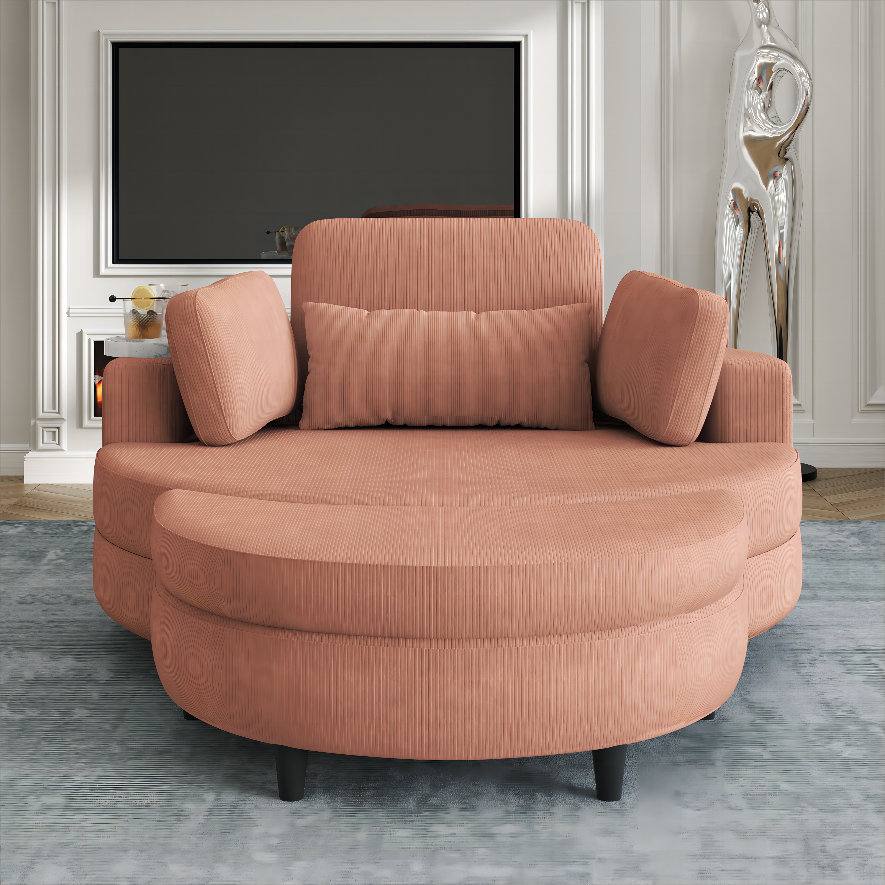 A 51-inch orange corduroy sofa with two throw pillows, a waist pillow and an extra tray is comfortable for a small apartment bedroom - Grand Goldman Shop