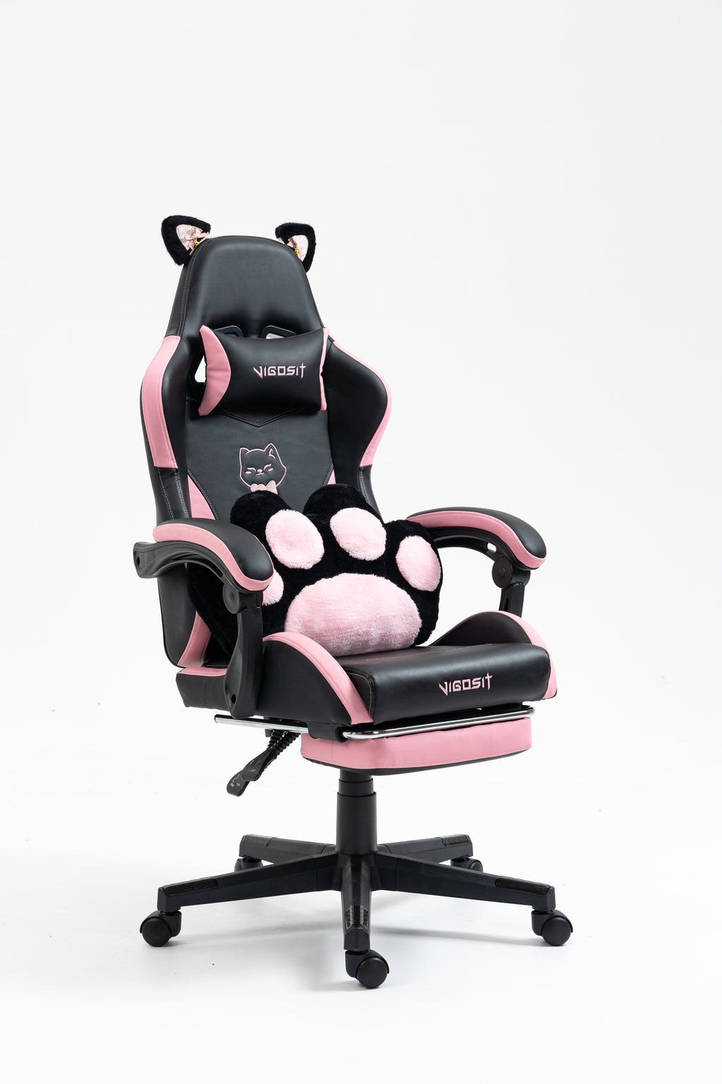 Cute Cat Gaming Chair with Paw Lumbar Cushion, PC Video Gamer Chair for Girl Teen Woman (Black) | Premium Home Decor - Grand 
