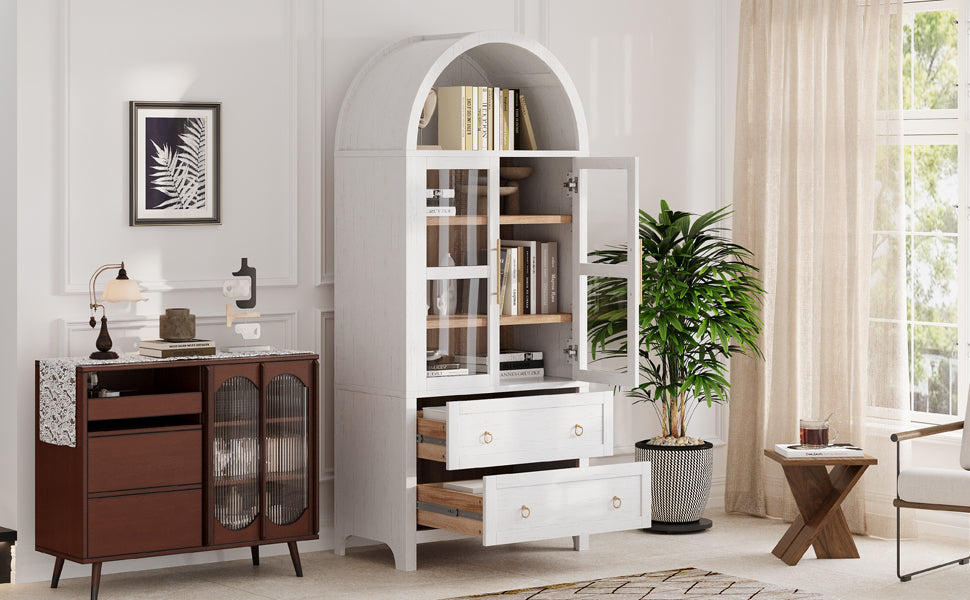 K&K 71' Tall Arched Kitchen Pantry Cabinet with 2 Large Drawers, Modern Farmhouse Kitchen Storage Cabinets with Adjustable Shelves, Glass Door, Wood Versatile Cupboard for Kitchens, Dining Room, White - Grand Goldman Shop