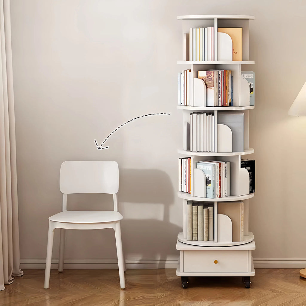 6 Tier Rotating Bookshelf, 360° Display Round Spinning Bookshelf with Wheels and Drawer, Space-Saving, Small Space Rotating Bookshelf Tower for Bedroom, Living Room, Home, Office, Warm White - Grand Goldman Shop