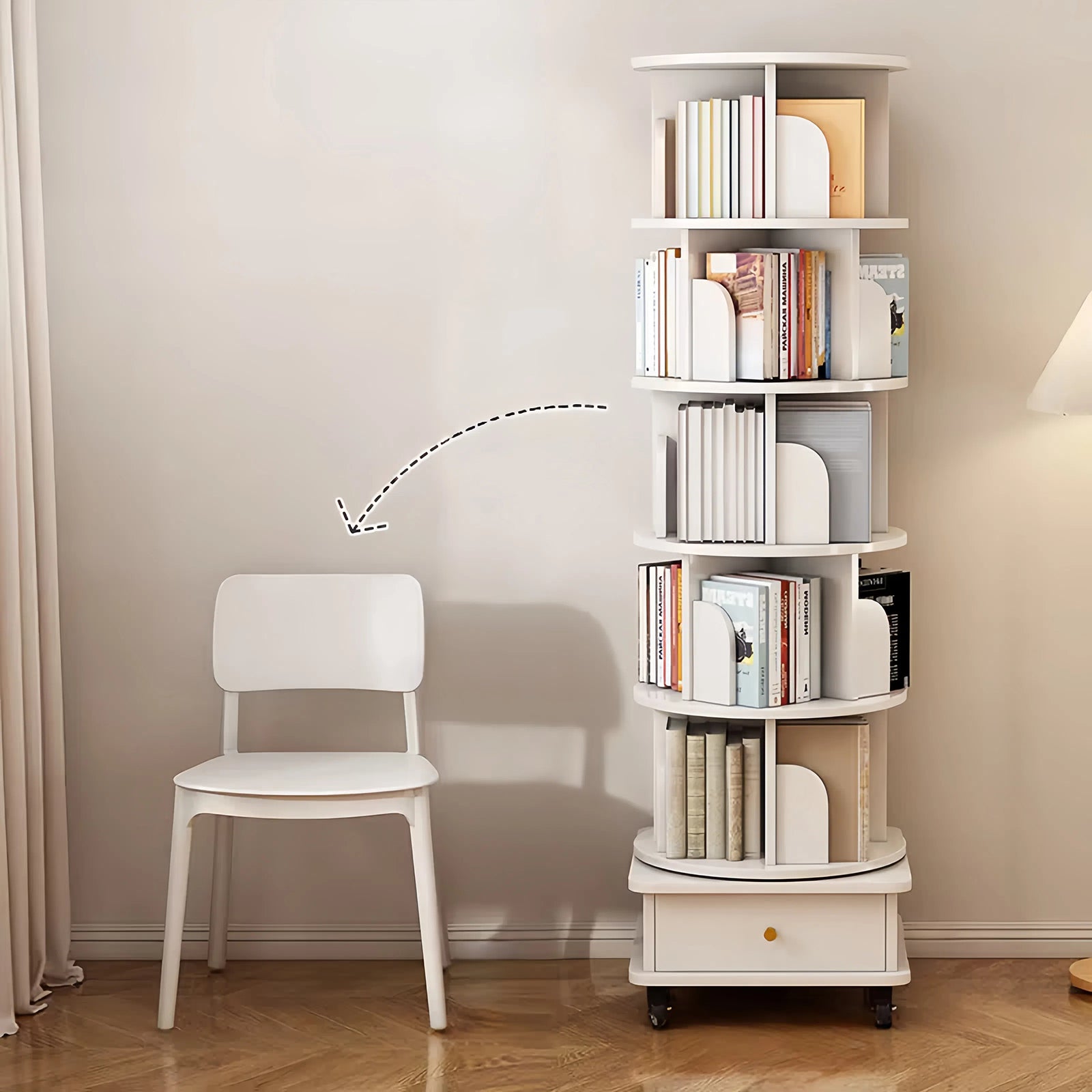 6 Tier Rotating Bookshelf, 360° Display Round Spinning Bookshelf with Wheels and Drawer, Space-Saving, Small Space Rotating Bookshelf Tower for Bedroom, Living Room, Home, Office, Warm White - Grand Goldman Shop