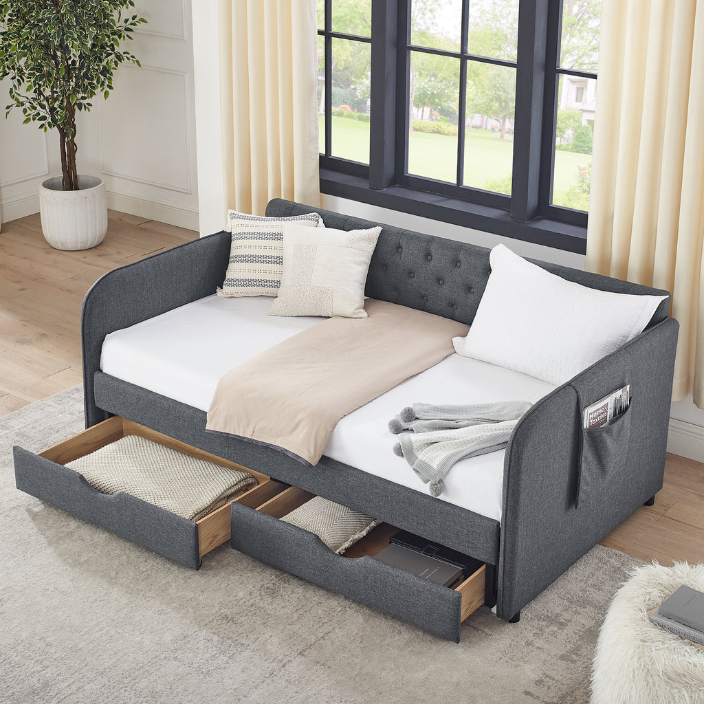 Twin Size Upholstered Daybed with Trundle and Drawers, Dark Gray Linen, Flat Arms, Extendable for Bedroom or Living Room - Grand Goldman Shop