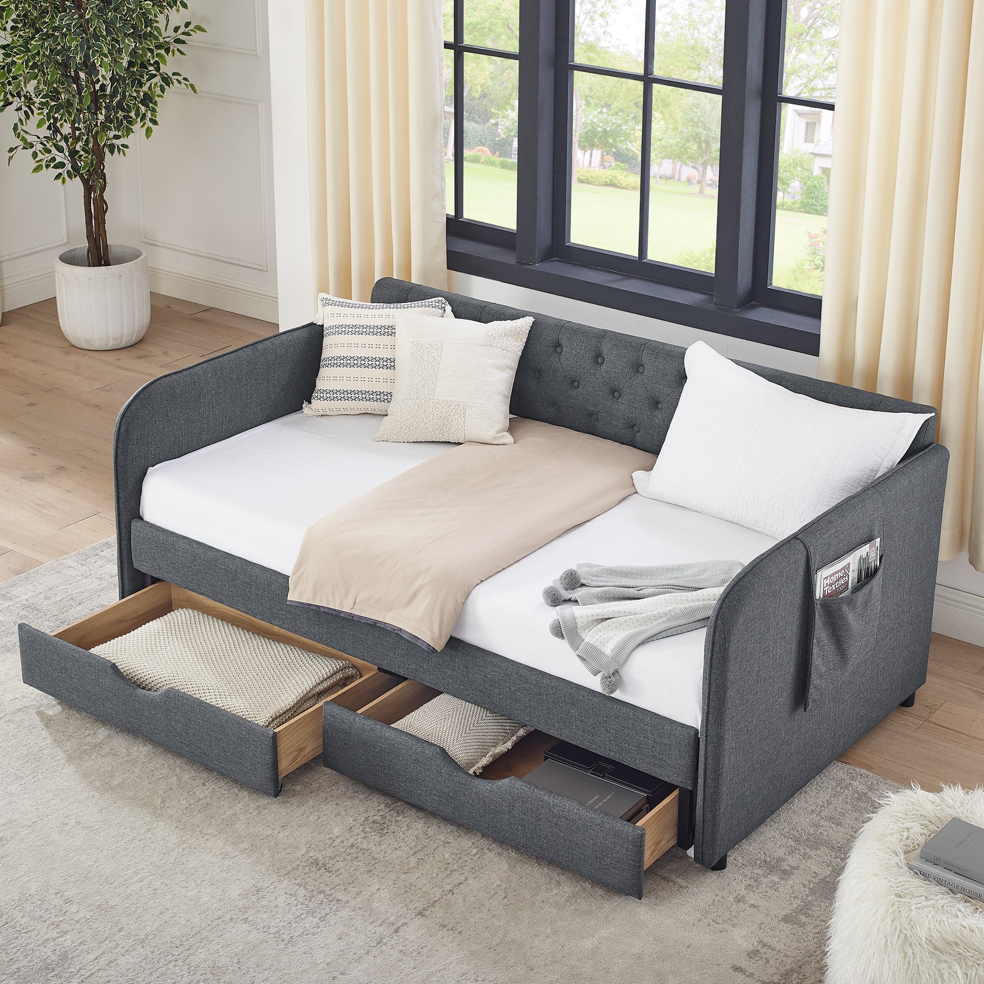 Twin Size Upholstered Daybed with Trundle and Drawers, Dark Gray Linen, Flat Arms, Extendable for Bedroom or Living Room - Grand Goldman Shop